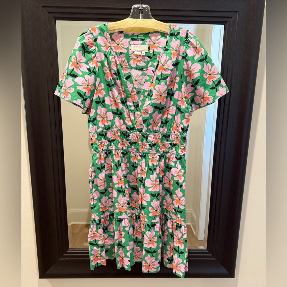 Anthropologie Green Somerset Mini Dress with Pink and Orange Floral Design